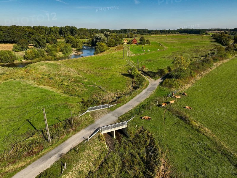 Datteln, North Rhine-Westphalia, Germany - Lippe, river and floodplain development of the Lippe near Haus Vogelsang, a natural river landscape was created here, an intact river-floodplain ecosystem was restored with flood protection through newly designed flooded areas