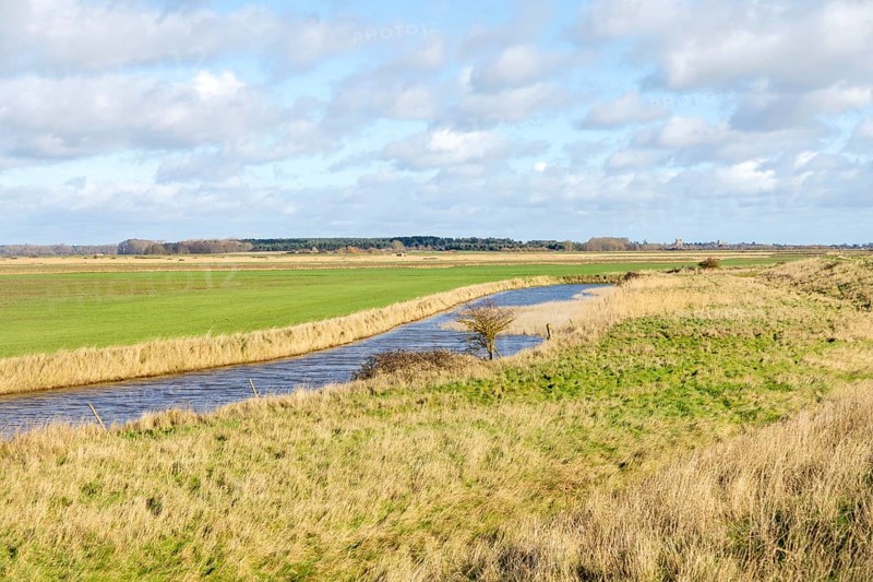 Drainage channel in low land, Boyton and Hollesley Marshes Nature Reserve, Boyton, Suffolk, England, UK