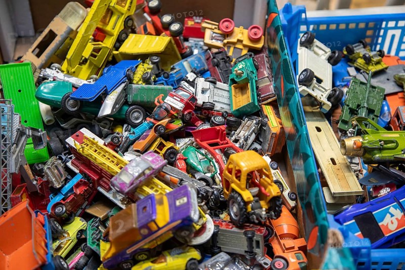 Jumble of vintage die-cast toy cars, including classic Matchbox and Corgi models, UK