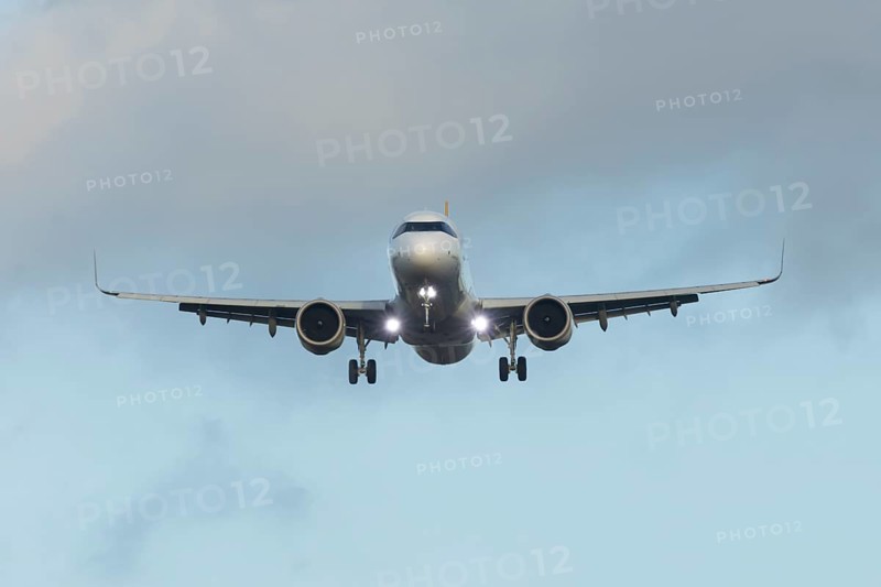Airbus A321 commercial passenger airliner jet aircraft of Pegasus airways flying on approach to London Stansted airport, Essex, England, United Kingdom