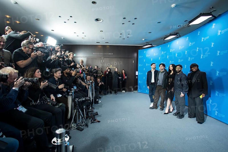 Aidan Zamiri (director), Charli xcx (Charlotte Emma Aitchison, singer) and David Hinojosa (producer) opposite press photographers at a photocall for the film The Moment at the Berlinale at the Hyatt Hotel Berlin Berlin on 14.02.2026. The 76th Berlin International Film Festival will take place from 12 to 22 February 2026