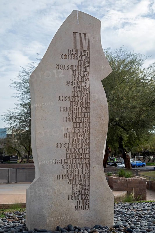 Phoenix, Arizona - The Fourth Amendment in the Bill of Rights Monument in Wesley Bolin Memorial Plaza at the Arizona State Capitol complex. Each of the 10 stones carries the text of one of the first ten Constitutional amendments