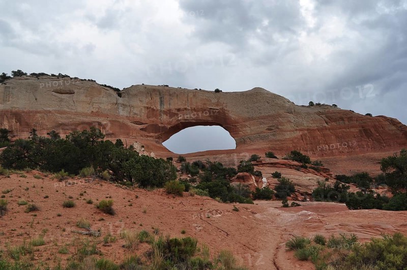Large natural rock arch in a red desert landscape surrounded by sparse vegetation and cloudy sky, Canyonlands National Park, Utah, USA