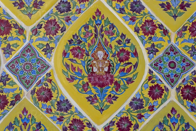 Coloured Bencharong ceramic tiles, depiction of Thai angels (devas) in diamond-shaped frames, circular gallery (Phra Rabieng) around the central chedi, Wat Ratchabophit (full name Wat Ratchabophit Sathit-Mahasimaram Ratcha Wora Maha Viharn), Buddhist temple, Wat, Phra Nakhon district, Bangkok, Thailand