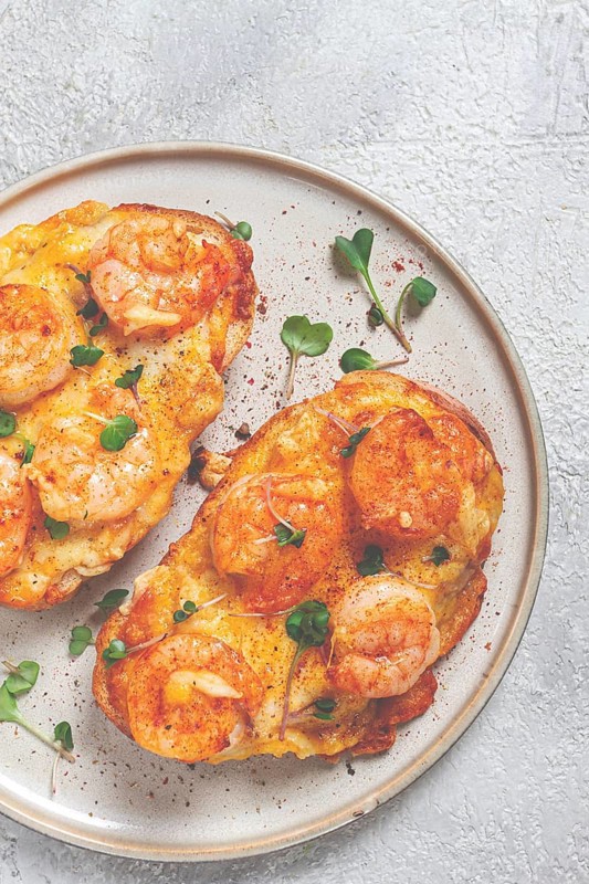 Sandwiches with shrimp and cheese, baked in the oven, with microgreens, breakfast, homemade, no people