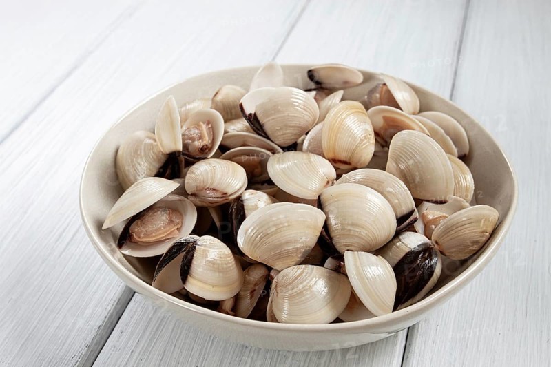 Freshly frozen vongole clams, on a light plate, top view, no people