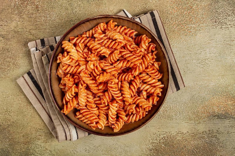 Fusilli pasta dish, made with tomato sauce, homemade, no people