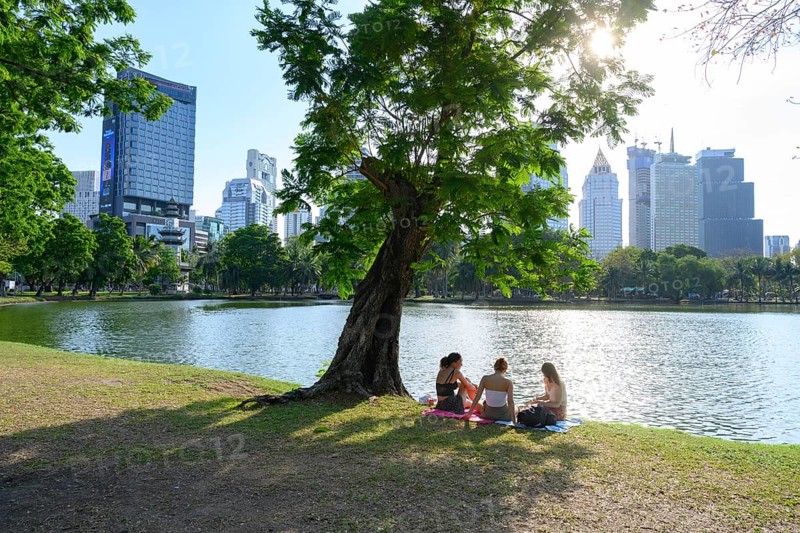Bangkok, Thailand. March 4th 2025. People enjoy a picnic in the calm and peaceful environment beside the lake in Lumphini Park, Bangkok