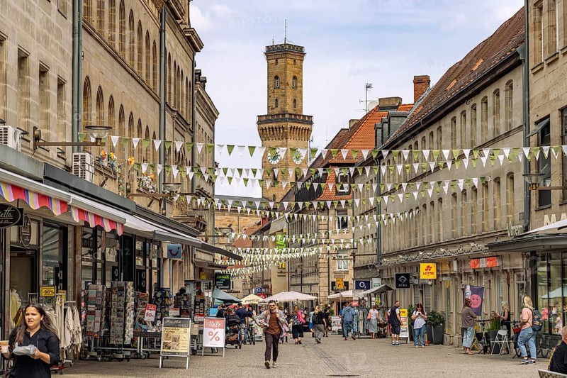 Pedestrian zone and town hall in Fürth, Middle Franconia, Bavaria, Germany