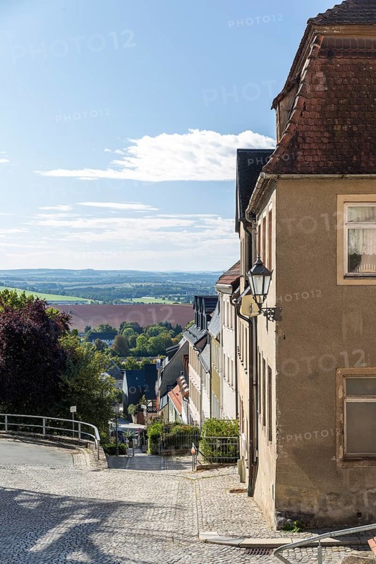 View from the top of the Altmarkt in the distance and down to the Postgut, Hohenstein-Ernstthal, Saxony, Germany