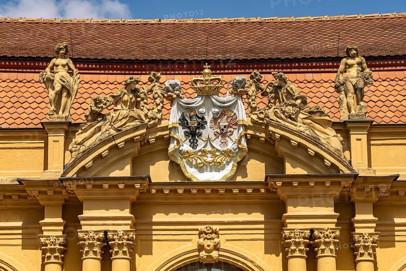 Coat of arms on the orangery in the castle garden in Erlangen, Middle Franconia, Bavaria, Germany