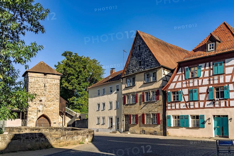 Half-timbered house und Stadttor Saltorturm in the old town of Forchheim, Upper Franconia, Bavaria, Germany