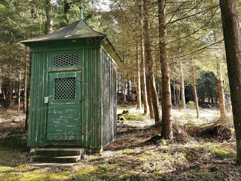 Small green wooden chapel in the forest in sunshine, hiking in the Franconian Forest nature park Park, Upper Franconia