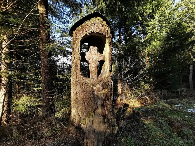 Wooden cross carved into a tree trunk in the forest in a cool atmosphere, hiking in the Franconian Forest nature park Park, Upper Franconia