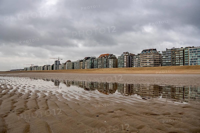 The skyline of Knokke-Heist, on the North Sea beach, dreary winter day, mostly apartment buildings with rental or condominiums, high-rise buildings on the Zeedijk-Knokke road, Belgium