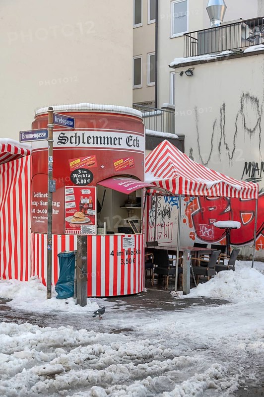 Cheap bratwurst stand in the city center, Bavaria, Germany