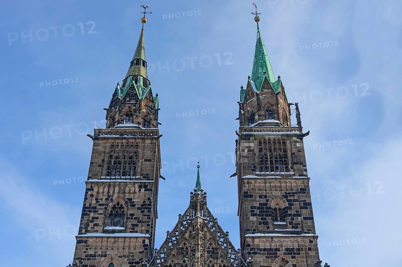 Towers of the Gothic Church of St. Lorenz, Nuremberg, Middle Franconia, Bavaria, Germany