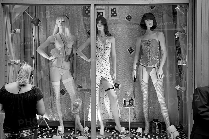 Female mannequins in an erotic shop, black and white, New York City, USA