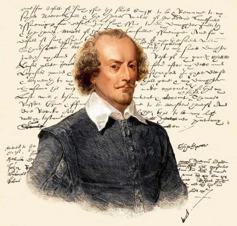 Portrait and facsimile of the testament of William Shakespeare, 1564 - 1616, English playwright, poet and actor