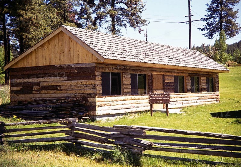 Log cabin building of the Indian Memorial House, Ferry County Historical Society, Republic, Washington State, USA 1977