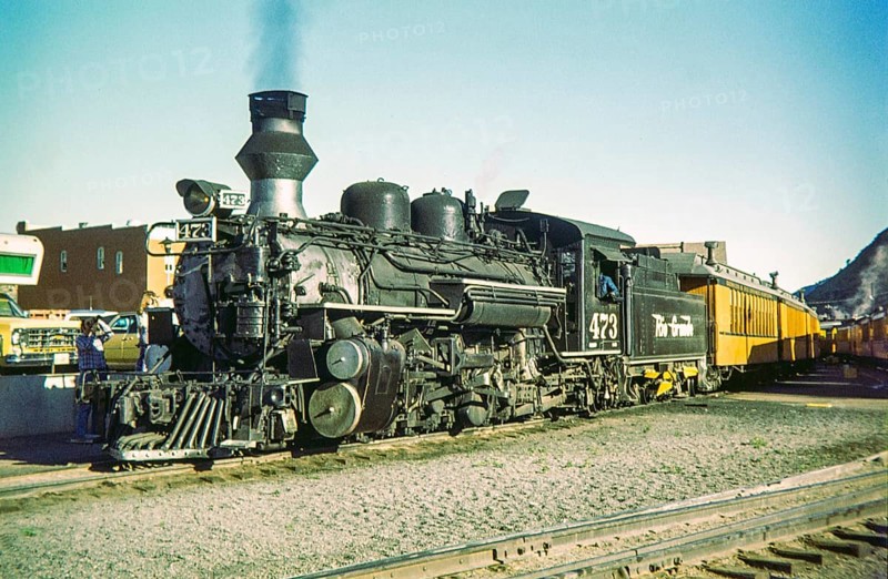 Locomotive #473, a historic narrow-gauge steam engine, Denver and Rio Grande Western Railroad, Durango, Colorado, USA 1977