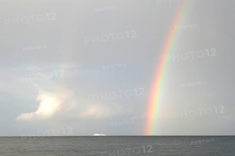 Unity Line ferry, rainbow, Rügen island, largest and most populous German island. Baltic Sea coast, Baltic Sea, Mecklenburg-Western Pomerania, Germany, Northern Europe
