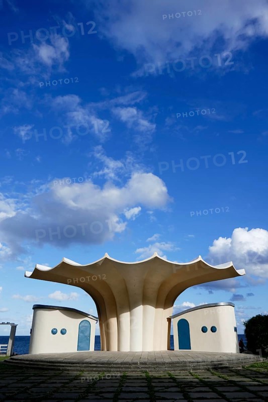 Kurmuschel bandstand, Sassnitz, architect Ulrich Müther, Rügen island, largest and most populous German island.Baltic Sea coast, Baltic Sea, Mecklenburg-Western Pomerania, Germany, Northern Europe