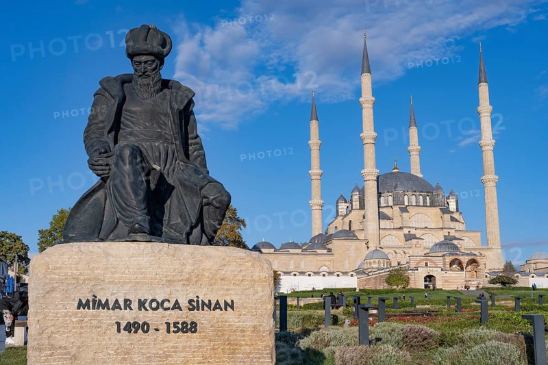 Edirne, Turkey. October 4th 2025. The Ottoman imperial Selimiye Mosque an iconic landmark of the Turkish city of Edirne with a statue of Islamic architect Mimar Sinan Turkey