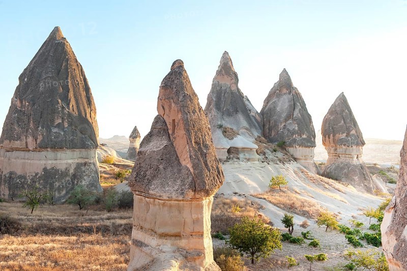 Phallic shaped rock formations in the volcanic landscape of Cappadocia national park in the beautiful Anatolian region of central Turkey