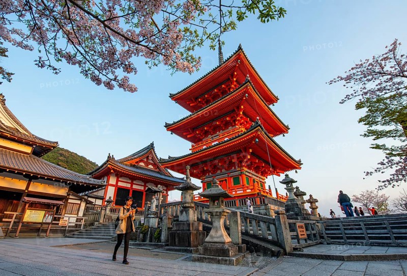 Sanjunoto Pagoda, Zuigu-do and Kyodo Hall in the evening light, Kiyomizu-dera Temple, in the evening light, Buddhist temple complex, Higashiyama, Kyoto