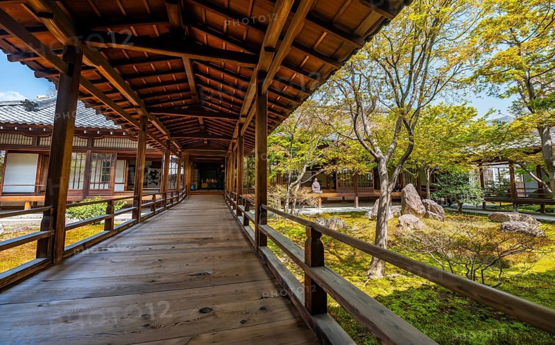 Passage in O-shoin with Shione Garden, Buddhist Kennin-ji Temple, Higashiyama, Kyoto, Japan