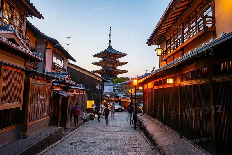 Yasaka dori historic street in the old town with traditional Japanese houses, five-story Yasaka Pagoda of the Buddhist Hokanji Temple at the back, evening mood, blue hour, Higashiyama, Kyoto, Japan