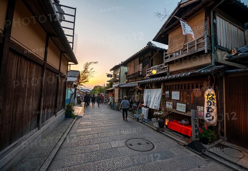Historic street in the old town with traditional Japanese houses, evening mood, sunset, Higashiyama, Kyoto, Japan