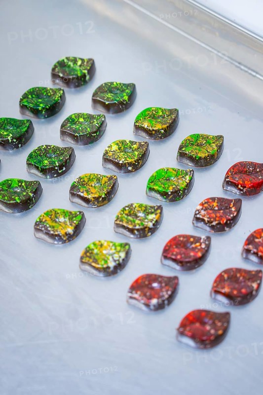 Chocolates in intense colors, decorated in leaf shapes, lie on a surface, vegan chocolates production, Haselstaller Hof, Gechingen, Germany