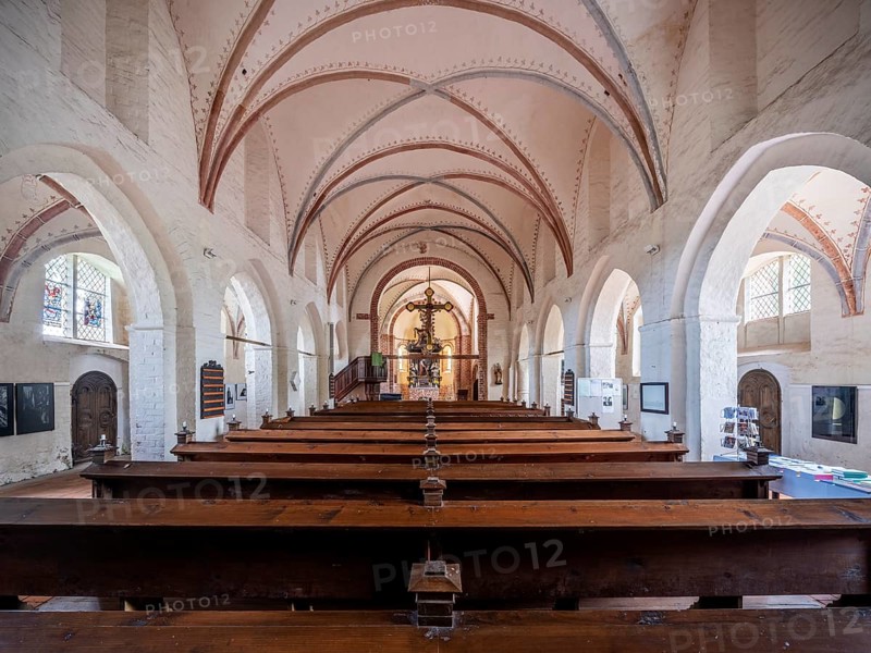 Interior of the Gothic village church in Altenkirchen, Rügen island, Wittow peninsula, Mecklenburg-Western Pomerania, Germany