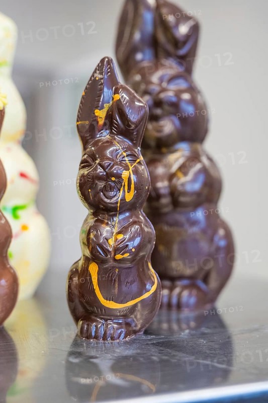 Close-up of a dark-colored chocolate bunny with decoration, Easter production of regional products, Haselstaller Hof, Gechingen, Calw district, Germany