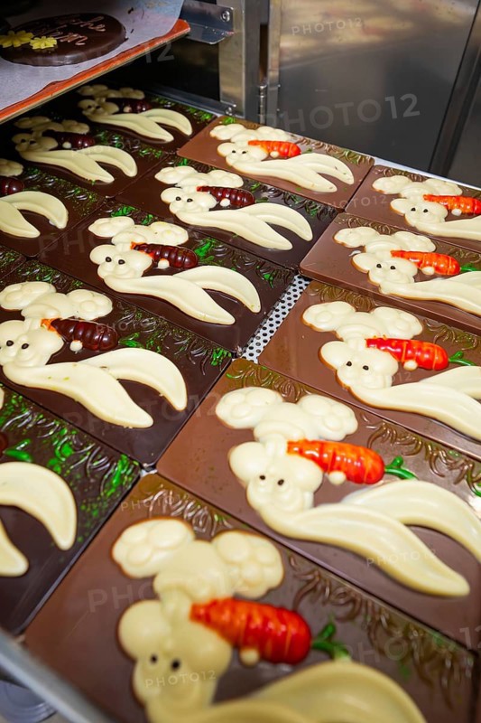 Chocolate bars with Easter bunny relief and small carrot decorations, Easter production of regional products, Haselstaller Hof, Gechingen, Calw district, Germany