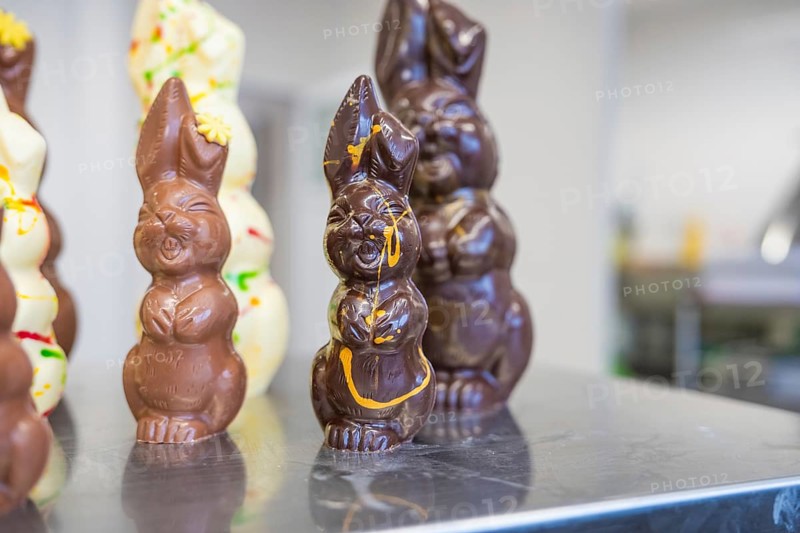 Various chocolate bunnies in dark brown and beige with Easter decoration, Easter production of regional products, Haselstaller Hof, Gechingen, Calw district, Germany