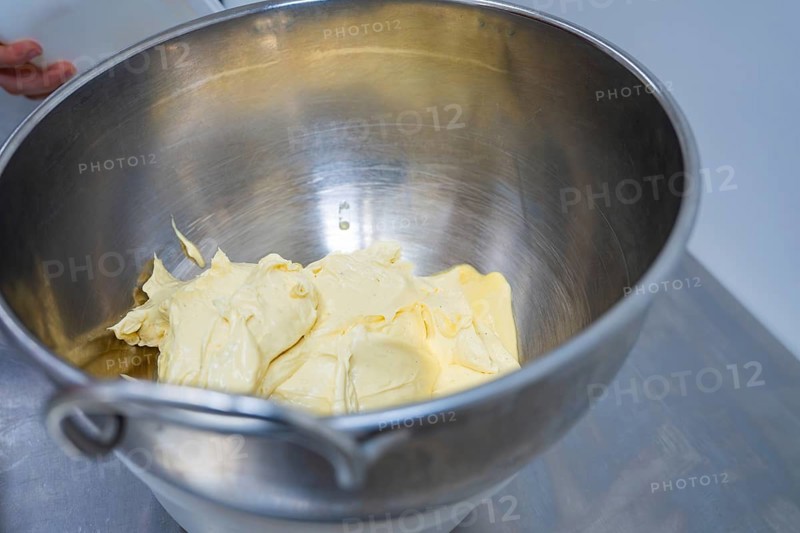 Dough in a stainless steel bowl on a worktop, vegan cake production, Haselstaller Hof, Gechingen, Germany