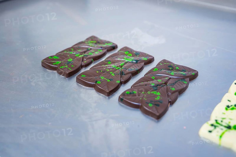 Three dark chocolate bars with green patterns on a table, vegan chocolate production, Haselstaller Hof, Gechingen, Germany
