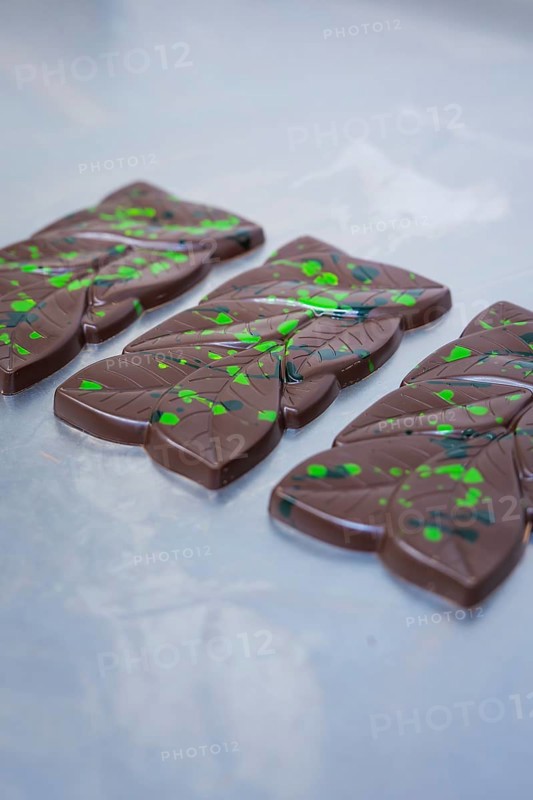 Dark chocolate bars with green dots and lines on a table, vegan chocolate production, Haselstaller Hof, Gechingen, Germany