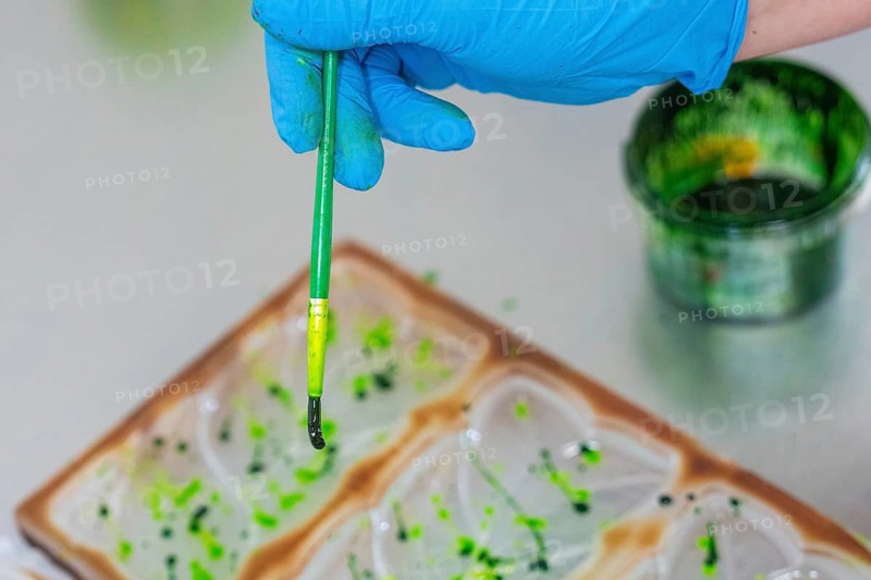 A gloved blue hand holds a brush covered with green paint over a mold, Vegan Chocolate Production, Haselstaller Hof, Gechingen, Germany