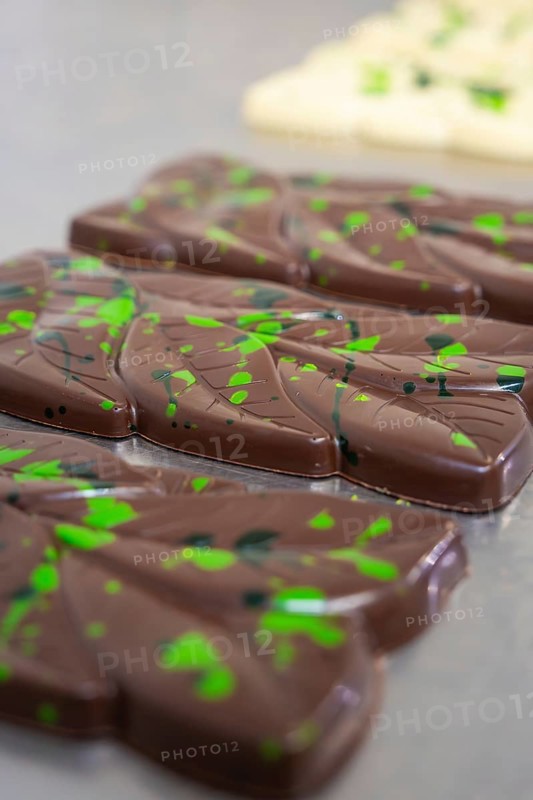 Close-up of dark chocolate bars with green patterns on a table, vegan chocolate production, Haselstaller Hof, Gechingen, Germany