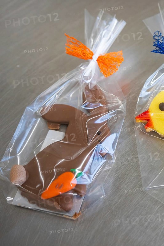 Brown chocolate rabbit cookie with carrot, wrapped in transparent film with orange ribbon, Easter production of regional products, Haselstaller Hof, Gechingen, Calw district, Germany