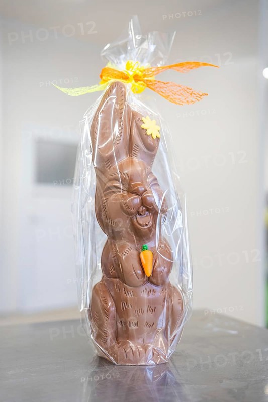 A packaged chocolate bunny with Easter decoration and orange ribbon, Easter production of regional products, Haselstaller Hof, Gechingen, Calw district, Germany