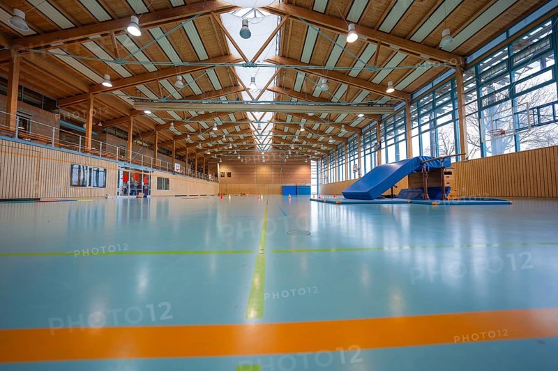 Modern sports hall with wooden roof, bright floor and large climbing frame, Schlehengäu sports hall Gechingen, Calw district, Germany