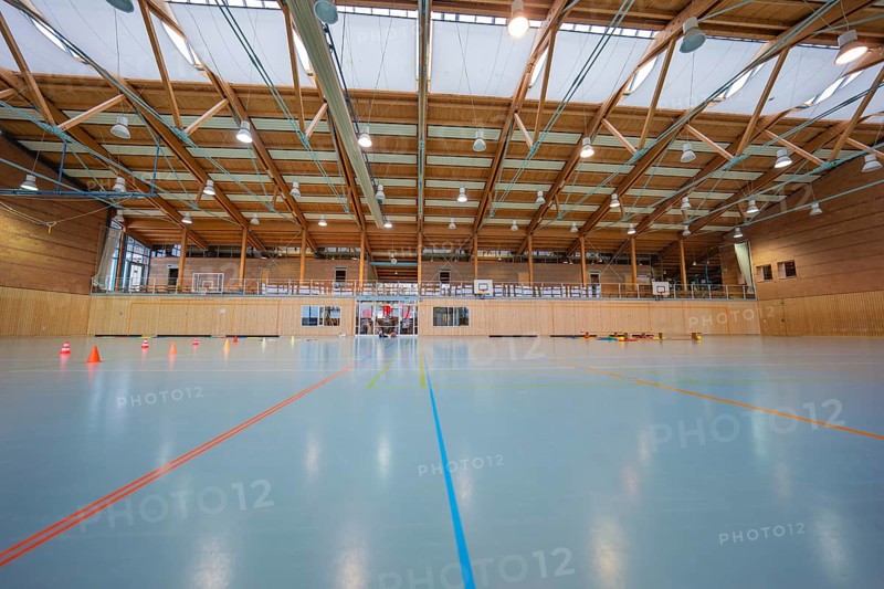 Empty sports hall with floor lines, wooden structure and several basketball hoops, Schlehengäu Sporthalle Gechingen, Calw district, Germany
