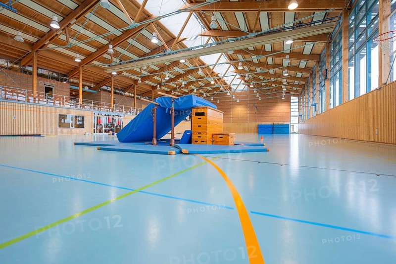 Empty sports hall with equipment available and a window front that illuminates the room, Schlehengäu sports hall Gechingen, Calw district, Germany