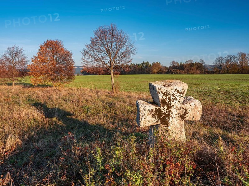 Medieval stone cross on the edge of the field in autumn, Sühnekreuz, Mordkreuz, Liebenstein, Thuringia, Germany