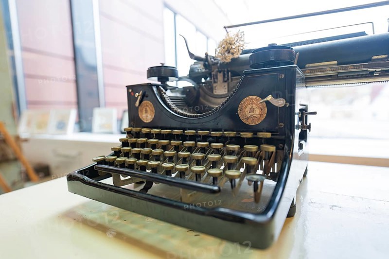 Antique typewriter in front of a window, nostalgic atmosphere, Gechingen Town Hall, Calw district, Germany